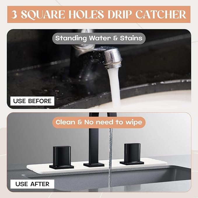 Teenyyou 3 Square Hole White Faucet Mat for Kitchen Sink Bathroom 16.14" x 4.49" Kitchen Faucet Absorbent Mat Diatomite Splash Guard Quick Drying Stone Drip Catcher Hole 1.97" Holes Spaced About 1.97"