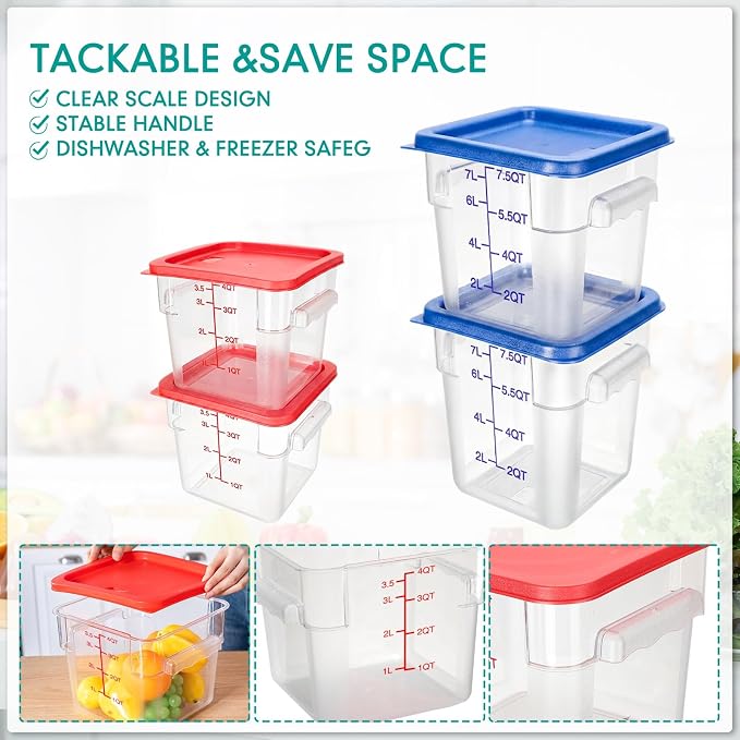 Lallisa 4 Pcs 8qt & 4qt Clear Food Storage Containers with Lids Handles and Scales, Stackable Plastic Square Food Storage Containers for Dough Proofing Baking Kitchen Restaurant(Red, Blue)