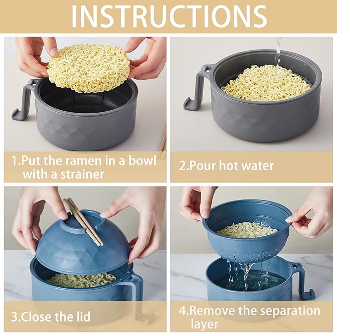 2 Sets Microwave Ramen Bowl 40 oz Wheat Fiber Portable Instant Noodle Cooker Bowl with Handles Strainer Spoon Chopstick Fork College Dorm Room Apartment Essentials(Gray,Dark Blue)