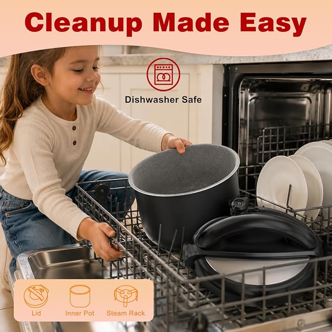 Silver 8 Quart Pressure Cooker, 1200W Multi-Function Cooker with Sauté, Steam, Yogurt & Sterilize Functions Dishwasher Safe & Secure Venting.