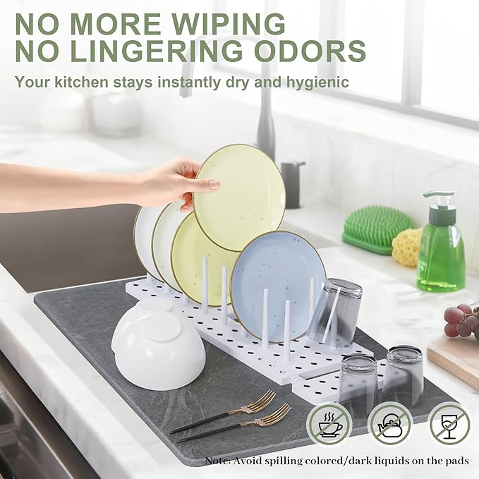 Large Stone Drying Mat for Kitchen Counter, 24" × 16" Diatomite Dish Drying Mat, Ultra Absorbent Diatomaceous Earth Dry Stone Mats with Dish Rack for Dished, Bottles, Black Marble