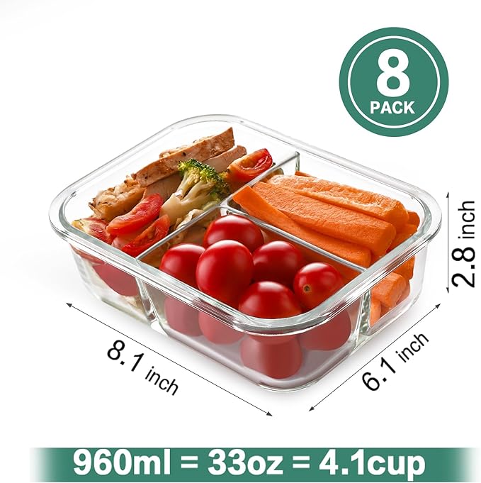 HOMBERKING 8 Pack Glass Meal Prep Containers 3 Compartment, 36oz Glass Food Storage Containers with Lids, Airtight Glass Lunch Bento Boxes, BPA-Free & Leak Proof (8 lids & 8 Containers) - Pink
