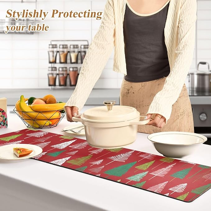 2 in 1 Table Runner Trivet for Hot Pots and Pans Heat Resistant Non Slip Waterproof 39 x 12 Inch Decorative Table Protector for Kitchen Countertop Christmas Trees White