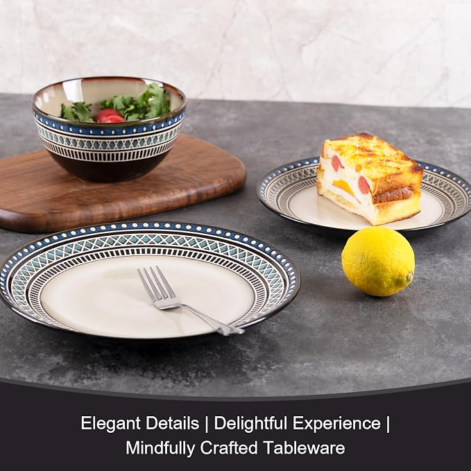 12 Piece Dinnerware Set for 4, Vintage Blue White Handmade Stoneware Plates and Bowls, Hand-Carved Relief with Geometric Pattern, Dishwasher Microwave Oven Safe, Scratch Resistant Dish Set