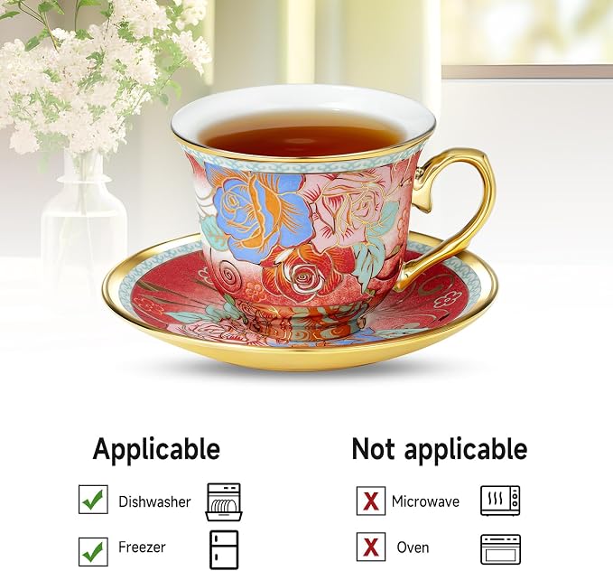 Tea Cups and Saucers, Tea Cup Set of 6, 8 OZ Floral Cups Porcelain Cup Set for Cappuccino, Coffee, Afternoon Tea Birthday Party Supply Housewarming Gift