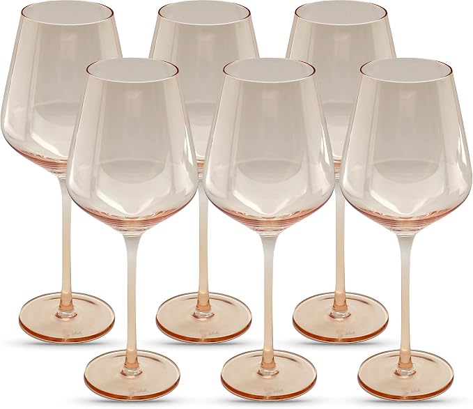 Saludi Original Light Peach Wine Glasses, 16.5oz (Set of 6) Color of the Year Glass - Great for All Wine Types and Occasions or Gifts - Luxury, Durable, Hand-Blown