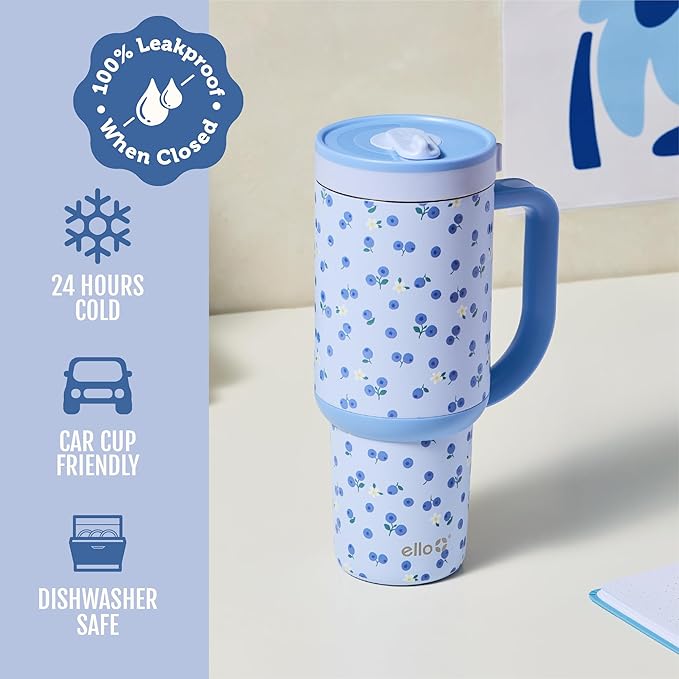 Ello Oasis 30 oz Tumbler with Handle & Retracting Straw | Reusable Insulated Stainless Steel Cup 100% Leakproof, Gifts for Teens Women Men | Keeps cold for 23 Hours | Cup Holder Friendly | Blueberries