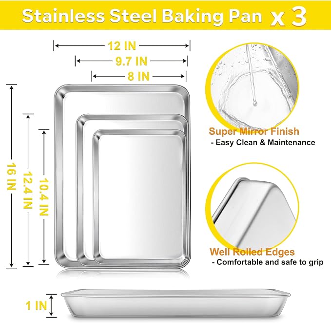 E-far Baking Cookie Sheet Pan Set of 3, 16/12.4/10.4 Inch, Stainless Steel Baking Pans Set for Oven, Rectangle Baking Tray for Cooking Roasting, Non Toxic & Easy Clean, Dishwasher Safe