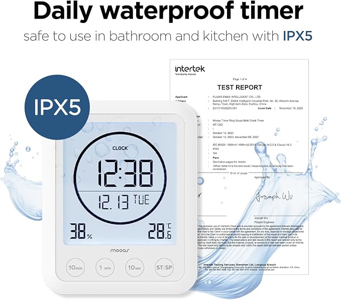 mooas Shower Clock with Waterproof Timer, Temperature, Humidity + Metal Touchless Automatic Liquid Soap Dispenser, Stainless Steel, Rechargeable, IPX5 Waterproof for Bathroom, Kitchen, Handwashing