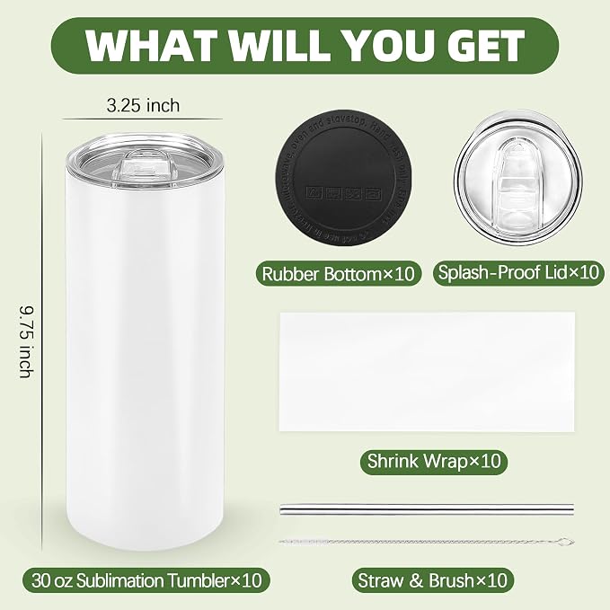 Joyclub Sublimation Tumblers 30 oz Blank Tumblers for Sublimation Skinny Bulk Double Wall Insulated Cups with Individually Gift Boxed and Shrink Wrap Films for Heat Transfer 10 Pack