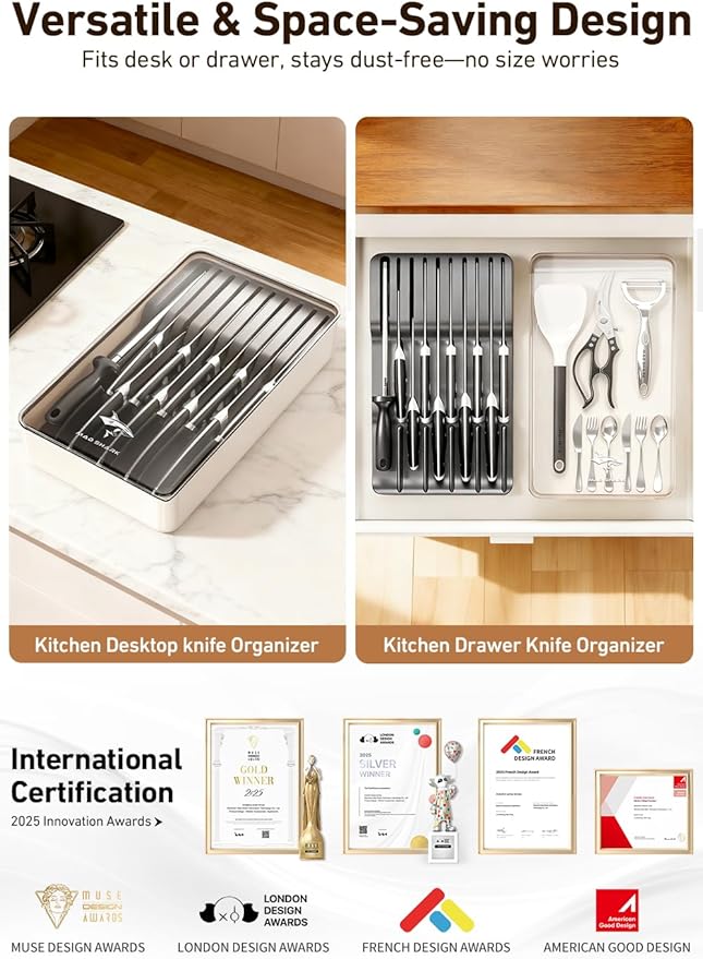 MAD SHARK 2-in-1 Detachable Knife Block & Silverware Organizer, Drawer Knife Holder for 10 Knives, BPA-Free, Blade-Safe Slots, Save Counter Space, Kitchen Drawer or Counter Storage, No Knives