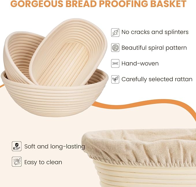 Kikcoin 9" & 10" & 10" Banneton Bread Proofing Basket Set, Round & Oval Banneton Basket for Sourdough Baking, Baking Supplies with Linen Liner, Bread Lame & Dough Scraper, Sourdough Proofing Tools