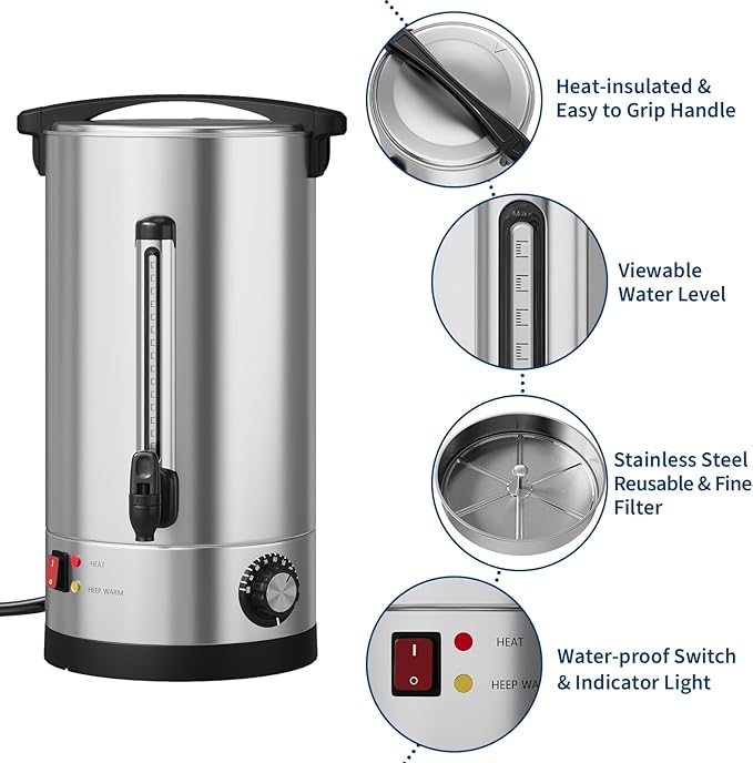 110 Cup Commercial Coffee Urn, 16L/4.2 Gal Large Capacity Stainless Steel Coffee Maker, Double-Wall Insulated Thermal Carafe for Wedding, Catering, Buffet, Events & Party Gatherings
