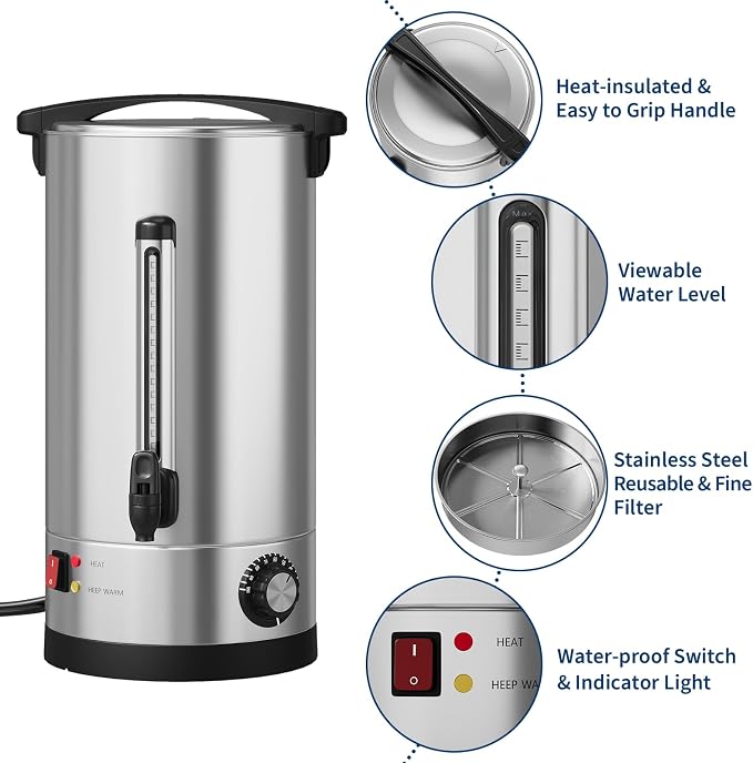 110 Cups Coffee Urn - 16 L/4.2 Gal Commercial Coffee Maker, Double Wall Stainless Steel Coffee Dispenser Hot Water Urn, Large Capacity Hot Coffee Dispenser for Meeting Wedding Catering