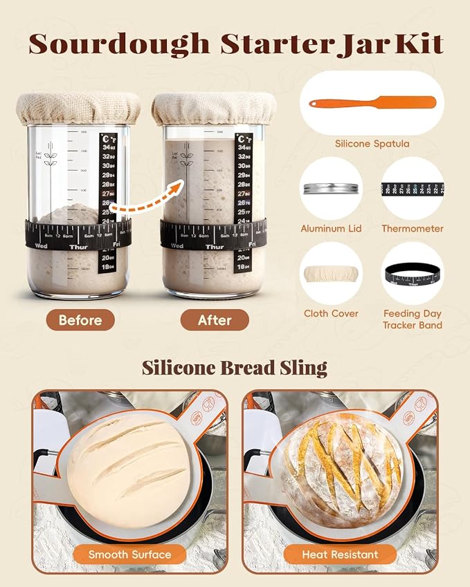 TAOMAND Complete Sourdough Starter Kit for Beginners & Manual | Sourdough Bread Baking Supplies with Round & Oval Banneton Bread Proofing Basket, Bread Sling, Starter Jar, Dough Whisk, Scrapers & Bag