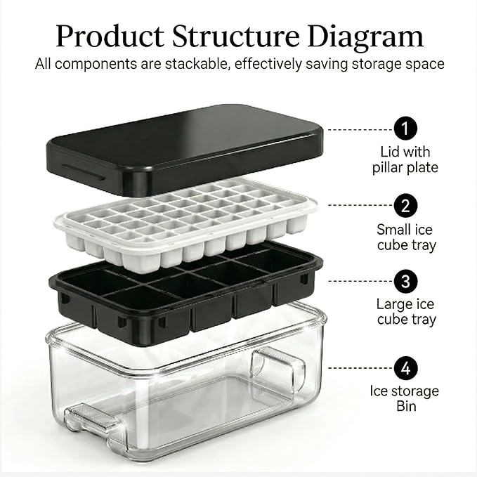 Ice Cube Tray with Lid and Bin, Ice Trays for Freezer with 40 Cubes, Easy-Release Silicone Ice Cube Molds, Stackable Ice Bucket Kits with Stainless Steel Ice Tongs for Drinks, Coffee, Cocktail