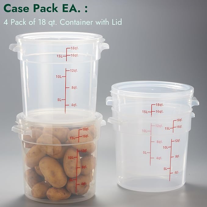 CURTA 18 Quart Translucent Round Food Storage Container with Lid, Pack of 4 – NSF Listed, BPA-Free, Commercial-Grade Polypropylene, Freezer & Dishwasher Safe, Non-Stick, Easy-Read Graduations