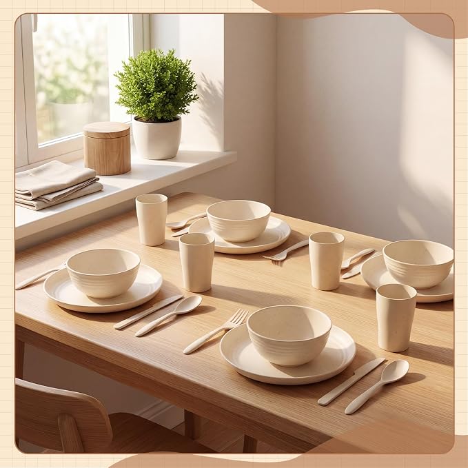 Zhehao 72 Pcs Wheat Straw Dinnerware Sets for 12 Dishwasher Microwave Safe Unbreakable Reusable Kitchen Cups, Plates, Bowls Cultery Sets for Patio, Outdoors, Rv, Camping Dishes(Beige)