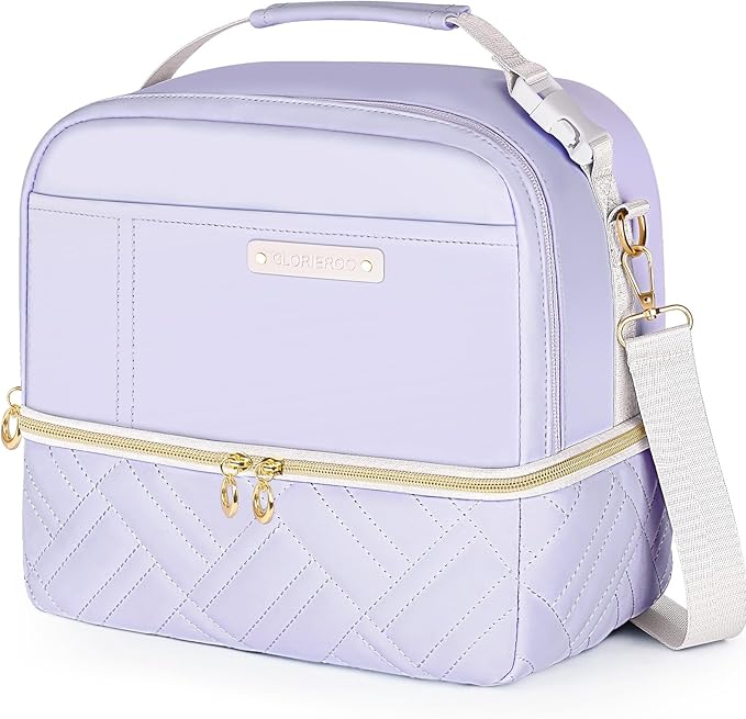 Double Deck Lunch Box Bag Women - Vegan Leather Insulated Waterproof Leakproof Cooler for Work Travel Picnics - Teacher Mothers Day Christmas Birthday Gifts