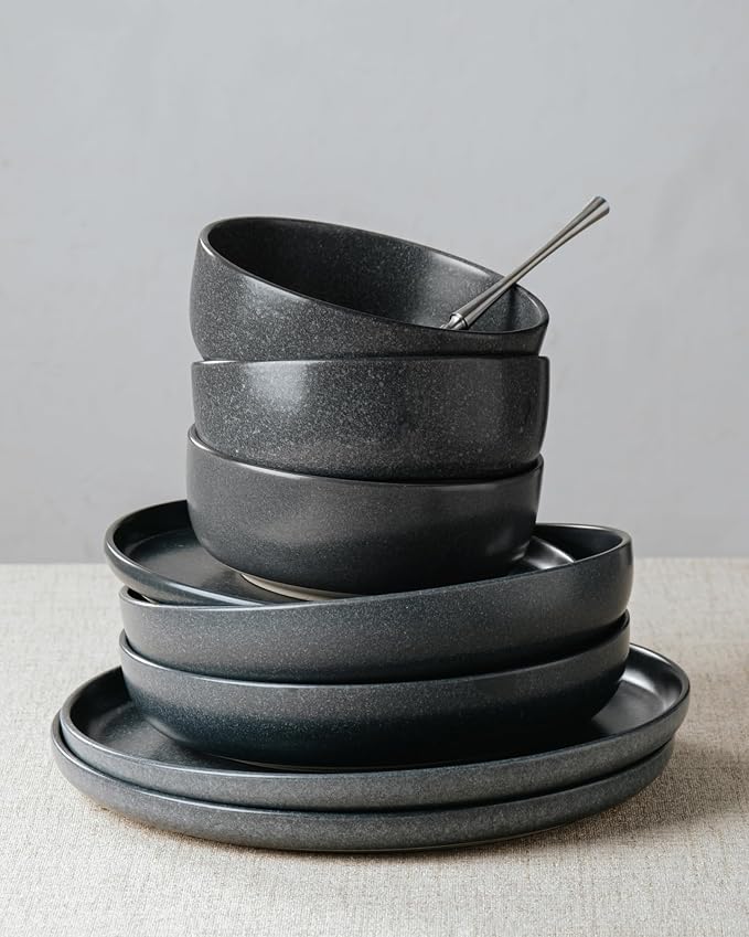 Famiware Milkyway Plates and Bowls Sets, 12 Pieces Dinnerware Sets, Reactive Glaze Dish Set, Stoneware Dishes Set for 4, Matte Dark Charcoal