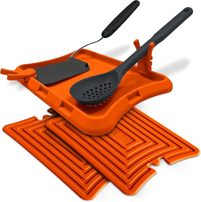 Nottadrip Silicone Spoon Rest for Stove Top - Kitchen Spoon Rest for Countertop, Ladle Holder, All in 1 Serving Station, Elevate Handles, Drip to Tray, Mess Free - 5PC Trivet Set - Orange