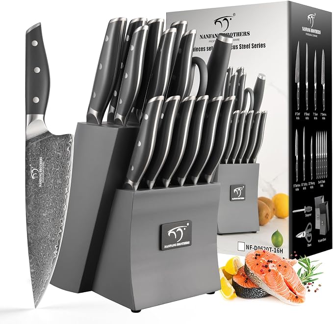 Damascus Knife Set with Block, 16-Piece VG10 67-Layer Steel Kitchen Knives | 16-piece premium Damascus kitchen knife set with VG10 steel core, 67 layers, wood block, and triple-rivet handles