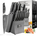 Damascus Knife Set with Block, 16-Piece VG10 67-Layer Steel Kitchen Knives | 16-piece premium Damascus kitchen knife set with VG10 steel core, 67 layers, wood block, and triple-rivet handles