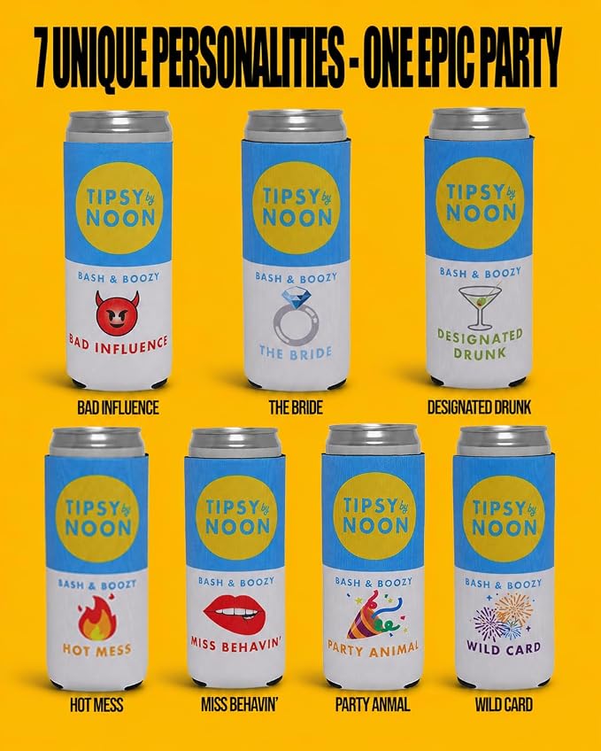 Funky Junque Bachelorette Party Favors Slim Can Cooler, Funny Bridesmaid & Bride Gifts for Girls Trip, Bridal Shower Decorations & Accessories, 12 oz Skinny Can Covers - Tipsy by Noon - 7 Pack
