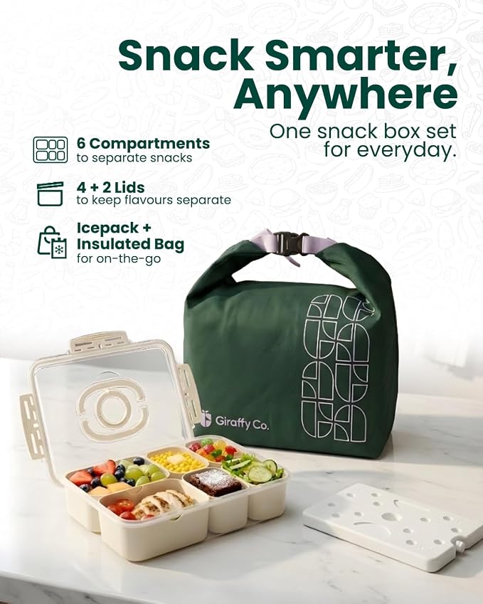 GIRAFFYCO Creamy White Snackbox with Drain Compartment, Portable Snackle Box w/Insulated Carry Bag & Reusable IcePack, 6 Removable Compartments (2 Large + 4 Small) w/Individual Lids, BPA‐Free