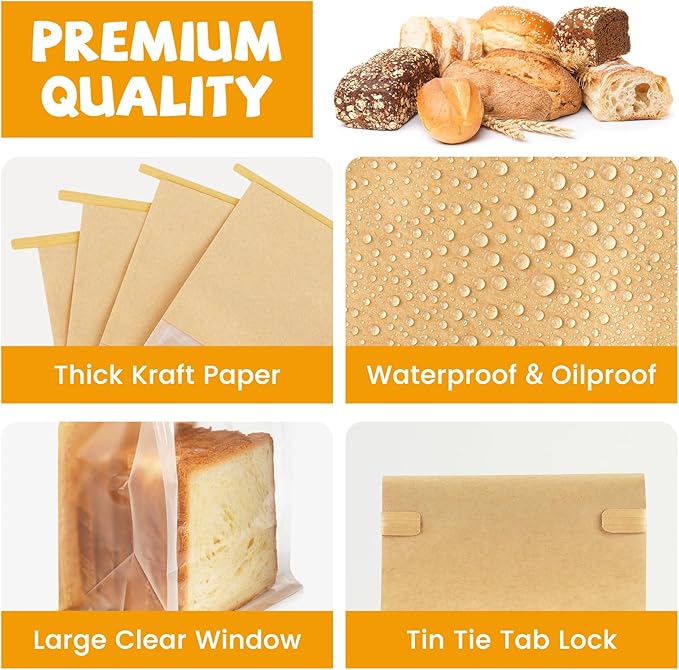 100 Pack Bakery Bags with Window, 5.1x3.9x11 Inches Tin Tie Tab Lock Resealable Cookie Bags for Packaging Bagels, Bread Loaf, Pastry, Baked Goods | Thick Material, Grease Resistant, Self Standing