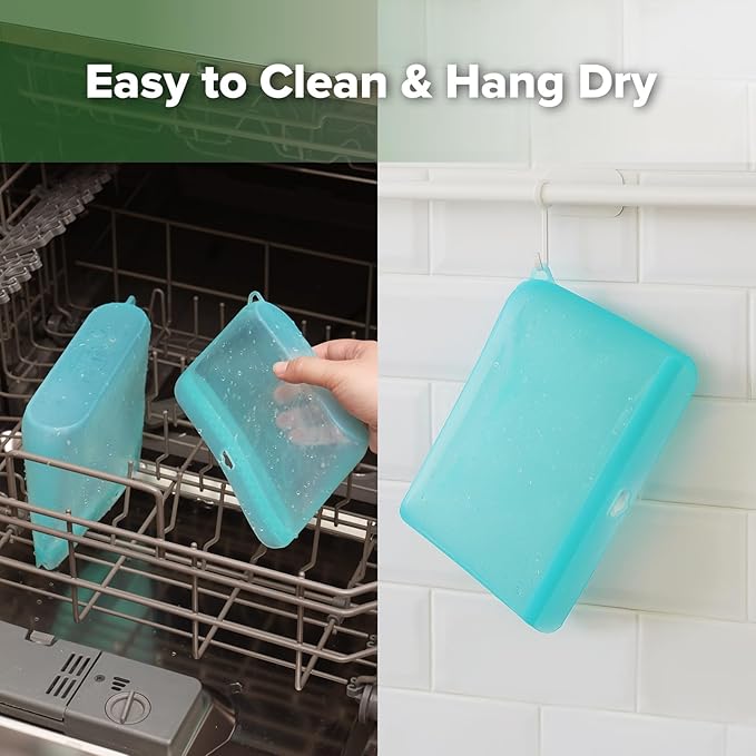 Haakaa Dot Seal Reusable Silicone Food Storage Bags, 2 Pack- Silicone Leakproof Freezer & Sandwich Snack Bags, BPA Free Food Containers, Microwave & Dishwasher Safe, Turquoise (500ml, 1000ml)