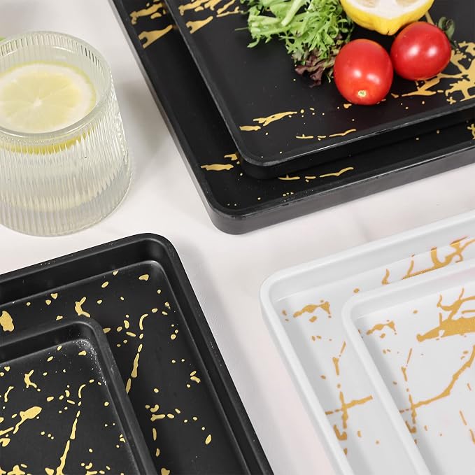 Square Melamine Dinnerware Sets of 12 Pcs,Square Plates and Bowls Sets,Unbreakable Dish Set for 4,Lightweight, Dishwasher Safe and BPA Free,Suit for RV,Camping （Black and White）