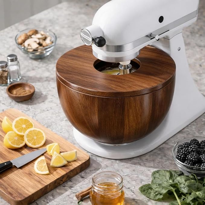LOVIVO Premium Acacia Wood 5 Quart Mixing Bowl with Splash-Proof Lid, Compatible with KitchenAid 4.5-5 Qt Tilt-Head Stand Mixers, Wooden Bowl for Stand Mixer with Stainless Steel Locking Base