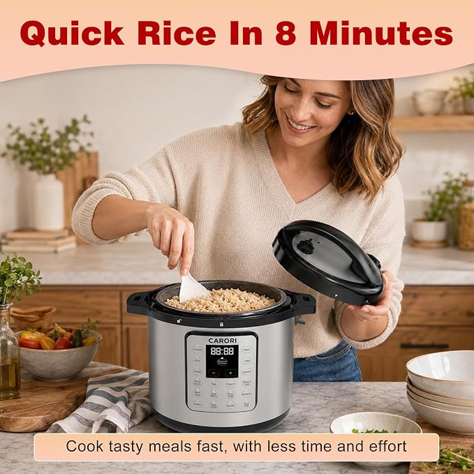 Silver 8 Quart Pressure Cooker, 1200W Multi-Function Cooker with Sauté, Steam, Yogurt & Sterilize Functions Dishwasher Safe & Secure Venting.