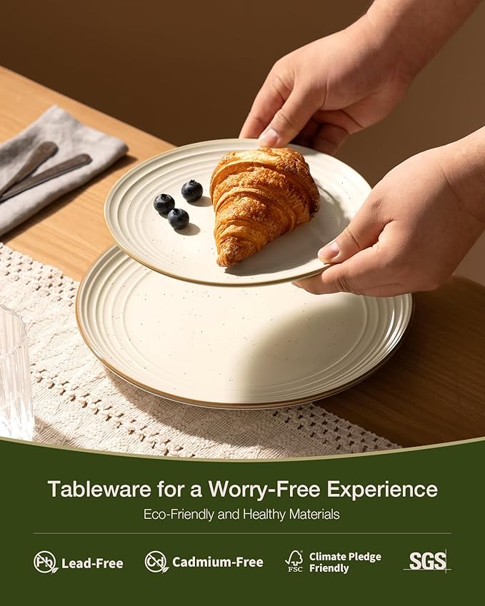 Famiware Jupiter 16-Piece Stoneware Dinnerware Ses - Includes Pasta Bowl & Dinner Plate, Handcrafted Dishes with Speckles & Embossed Swirls, Chip & Scratch Resistant, Service for 4, Vanilla White