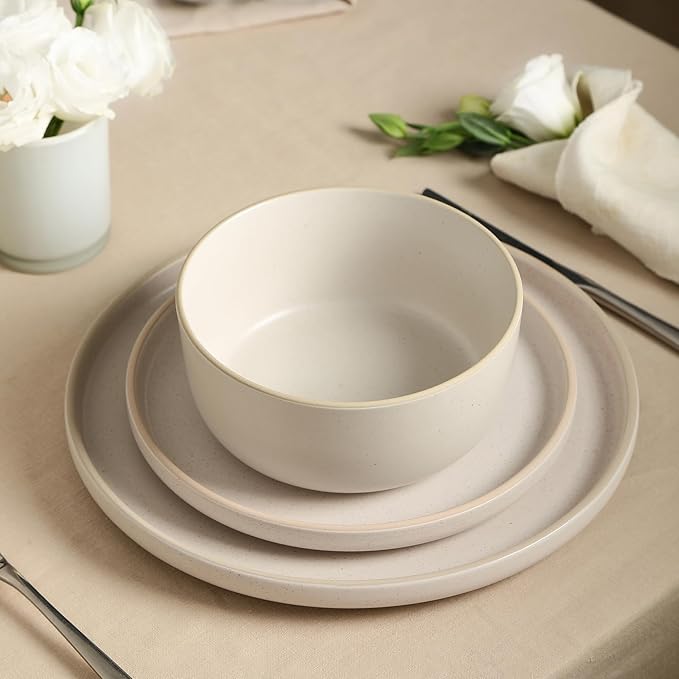 Earth & Clay Amber 24-Piece Dinnerware Set Stoneware, Dishwasher and Microwave Safe Plates and Bowls Set, Dish Set for 8, White Speckled