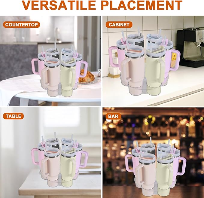 Aobiono Water Bottle Organizer for Stanley 40 oz Tumbler, Rotatable Cup Holder Stand 6 Slot Lazy Susan Spinning Carousel, Kitchen Cabinet Storage Accessories (Transparent)