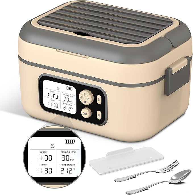 Cordless Electric Heated Lunch Box, 1.5L - 6.3 Cups 100W Rechargeable Smart Self-Heating Food Warmer with Removable Divider, Spoon, Fork, BPA Free, Portable Lunchbox for Car Travel Office Yellow