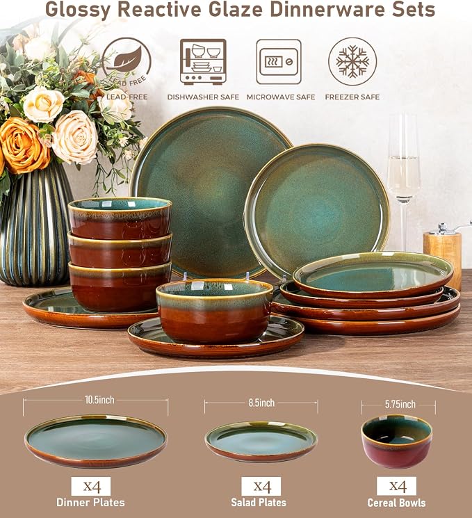 GBHOME Dinnerware Sets for 4, 12 Pieces Stoneware Plates and Bowls Sets, Scratch Resistant Dishes, Dishwasher & Microwave Safe, Reactive Glaze