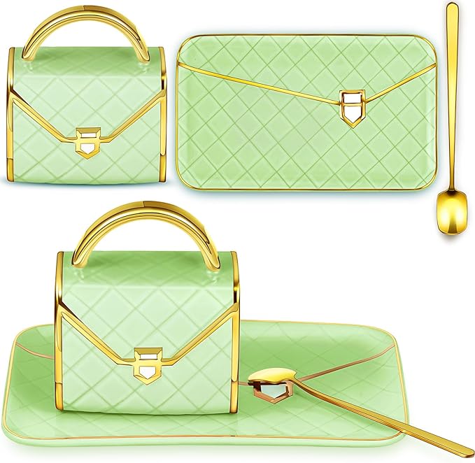 Zubebe 1 Set Coffee Mug Elegant Handbag Shaped Cup Modern Ceramic Purse Mug with Spoon and Saucer, 10oz Cute Creative Tea Cup for Woman Girls Gift (Light Green)