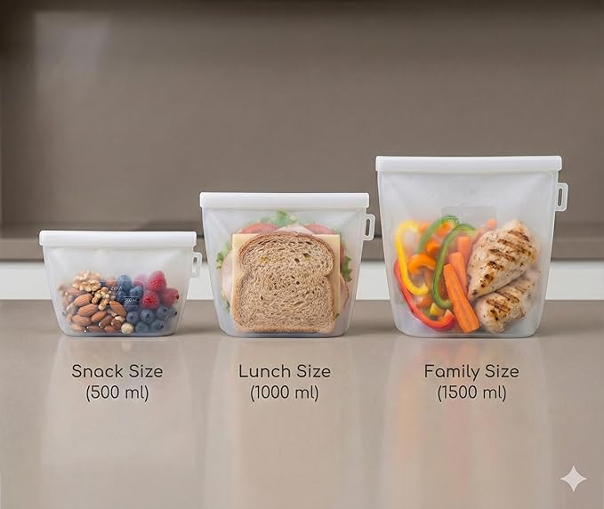 Zyra Reusable Silicone Food Storage Bag Set – 3 Sizes (500ml, 1000ml, 1500ml) – Leakproof, Foldable, Microwave & Freezer Safe, BPA-Free, Dishwasher Safe, Eco-Friendly Meal Prep. (Clear)