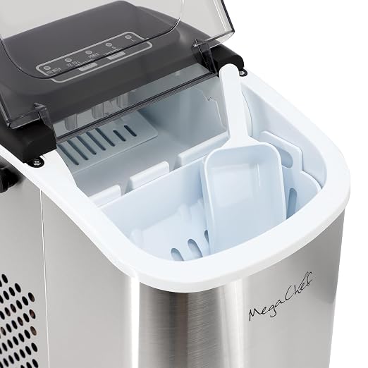 MegaChef 26 Pound Countertop Bullet Ice Maker, Basket and Scooper, Countertop Ice Machine, Easy-Carry Portable Ice (Silver)