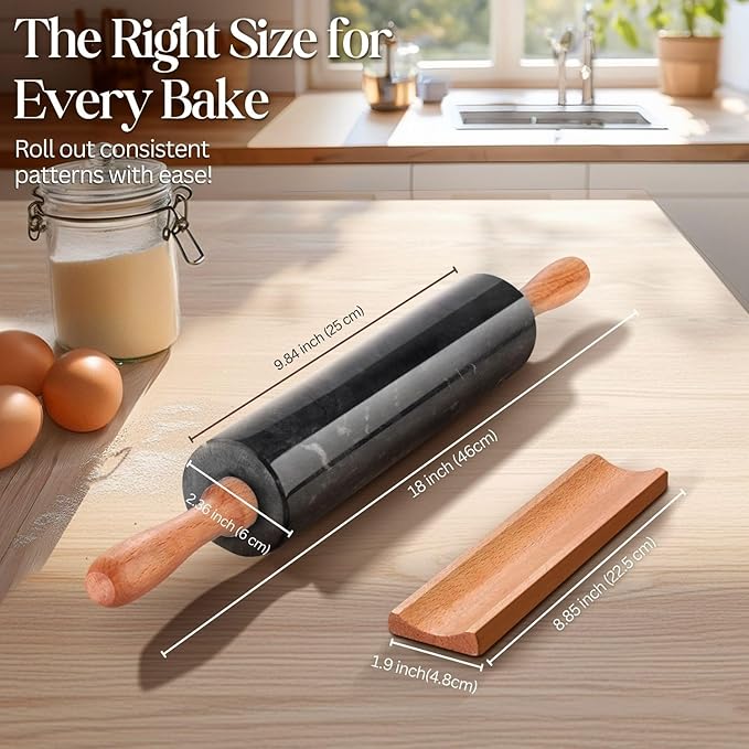 Flexzion Marble Rolling Pin Heavy Nonstick Stone Dough Roller - 10 Inch Polished Barrel with Wooden Handles & Cradle Stand for Baking Pastry Bread Pizza Cookies Pie Crust Pasta Tortillas (Black)