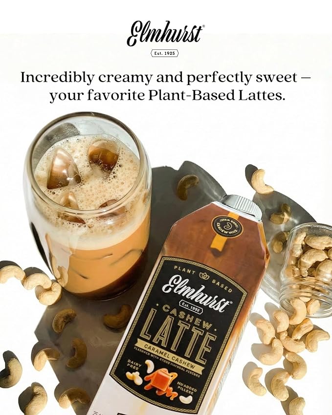 Elmhurst 1925 Caramel Cashew Latte – Plant-Based, Vegan, Dairy-Free Plant Milk Latte Made of Cashew Milk, Cold Brew Premium Arabica with 95mg Caffeine & Sweet Caramel Notes – 25.4oz (Pack of 6)