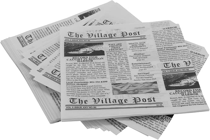G.E.T. 4-T3000 White Newspaper Theme Cone Basket Liner / Deli Wrap Paper Paper Food-Safe Tissue Liners Collection (Pack of 2000)
