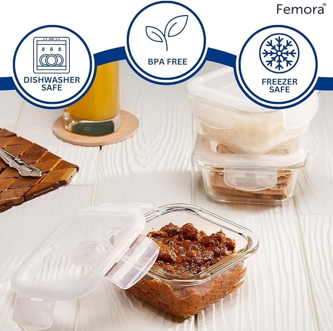 Femora Borosilicate Glass Microwave Safe Mini Square Container with Air Tight Air Vent Lid, 180ML, Set of 3, Clear