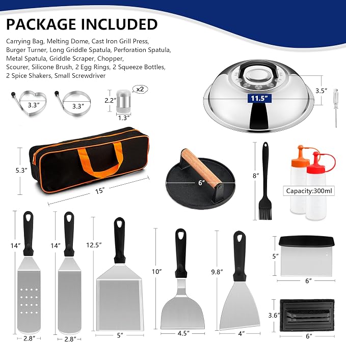 Joyfair 18Pcs Griddle Accessories Kit for Blackstone, (PP Handles) | Flattop Grilling Accessory Set With Smash Burger Press, Stainless Steel Spatula Tool, Basting Cover For Outdoor BBQ Cooking