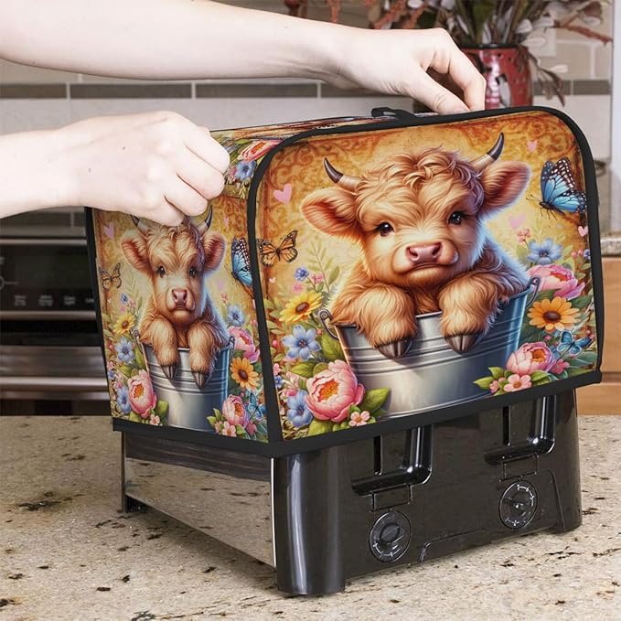 Highland Cow Retro Cute 2 Slice Toaster Cover Dust And Fingerprint Bread Maker Cover Bakeware Protector Washable Appliance Covers Kitchen Accessories For Home Kitchen Women Gift