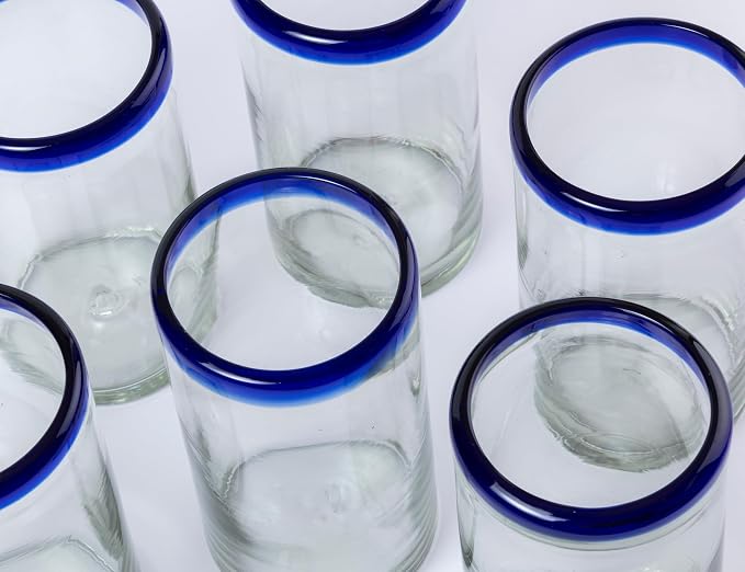 18 oz Hand Blown Mexican Drinking Glasses - Set of 6 tumblers, 18 fl oz each, Cobalt-Blue Rim