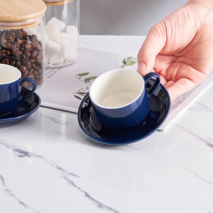 YOLIFE 2.5oz Espresso Cups Set of 4, Porcelain Stackable Espresso Cups with Saucers and Metal Stand, Expresso Shots Cup-Blue
